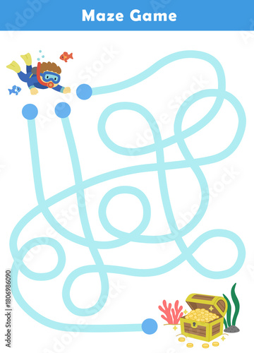 Cute maze for kids. Kids labyrinth puzzle with cute diver. Maze puzzle game for children with cute cartoon.	
