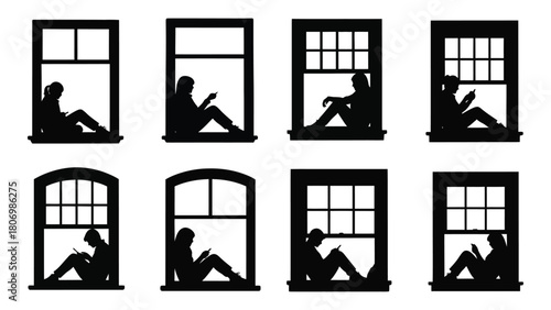 Silhouettes of people in windows using mobile devices isolated on white background, Vector