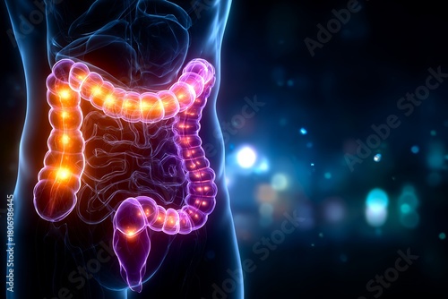 Medical illustration shows human colon with ulcerative colitis inflammation
