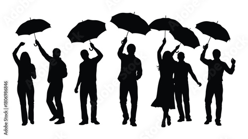 People silhouettes with umbrellas isolated on white background, Vector