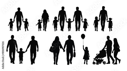 Diverse family silhouettes collection isolated on white background, Vector