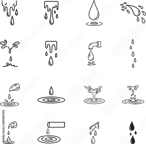 Leaking Water doodle line art collection. Includes line art symbols water, drop, splash, leak, drip and more. Water Drop doodle set. Minimalist doodles pack.