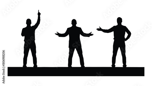 Three male silhouettes with dynamic gestures isolated on white background, Vector