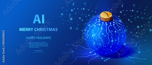Christmas AI holiday card in technology style with circuit lighting sphere ball on board. Isometric futuristic x-mas vector banner. Happy tech holiday.