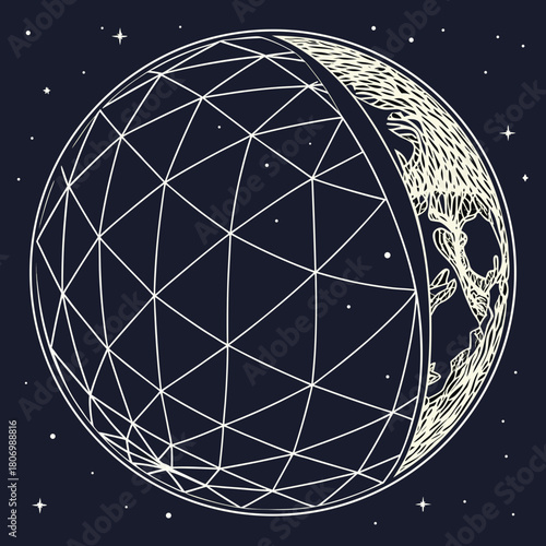 Geometric Sphere with Celestial Body and Stars vector illustration