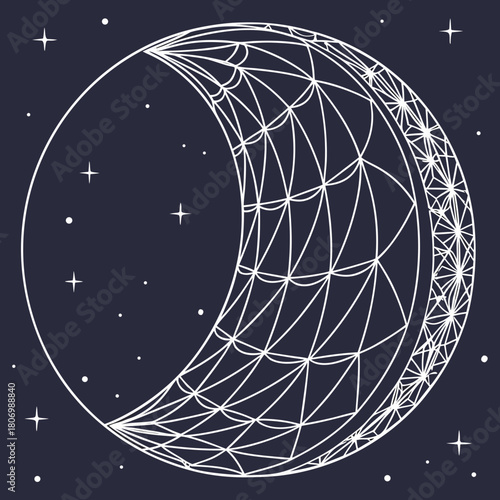 Crescent Moon with Geometric Patterns and Stars celestial night