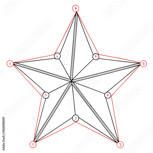 Numbered Geometric Star With Red Outline And Black Lines vector illustration