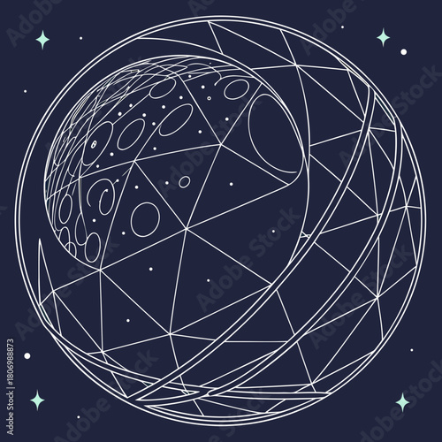 Stylized Celestial Sphere With Moon And Stars Geometric Design vector illustration