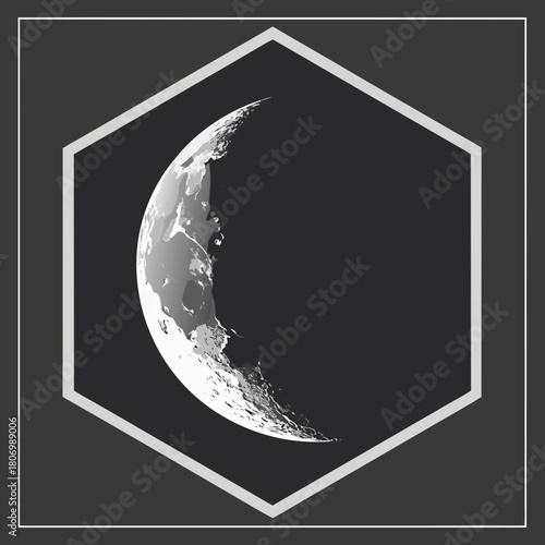 Abstract Crescent Moon within Hexagon Frame grayscale monochrome
