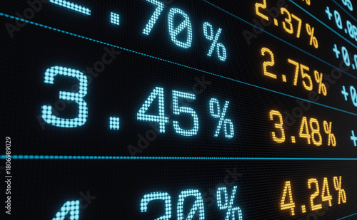 Close up sheet with interest rates, coupon and yields. Investment, corporate or governemnt bonds, stock exchange. 3D illustration