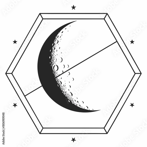 Black and White Crescent Moon with Stars in Hexagon monochrome