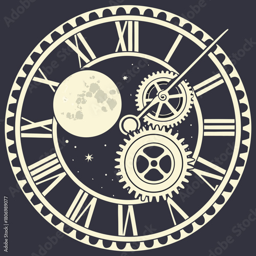 Detailed Steampunk Clock with Moon and Gears on Dark Background clock face roman numerals
