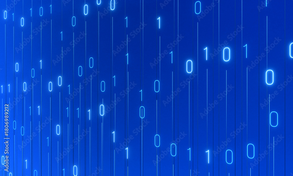 Obraz premium Abstract binary code moving up and down agains blue background. Digital, technology, data, encryption, process.