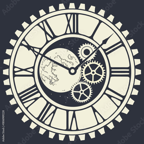 Steampunk Clock Face with Moon and Gears on Dark Background roman numerals cogs