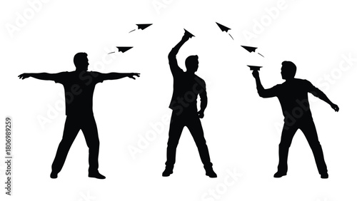 Men and paper airplanes silhouette isolated on white background, Vector