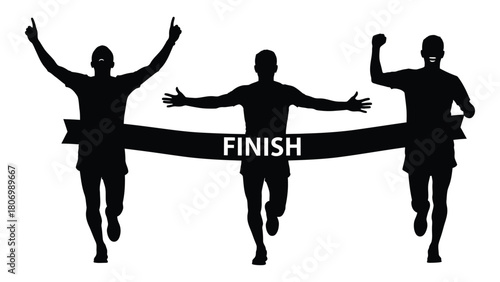 Runners crossing finish line silhouettes isolated on white background, Vector