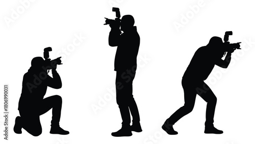 Photographers silhouettes with cameras and flashes isolated on white background, Vector