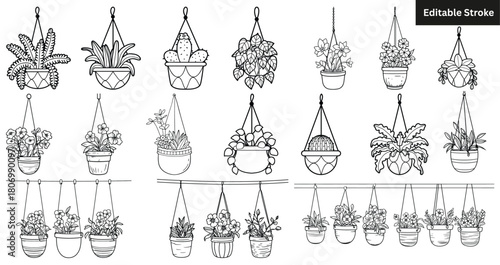 "Hand-Drawn Hanging Plants & Macrame Planters – Boho Houseplant Doodle Set (Editable Stroke)"