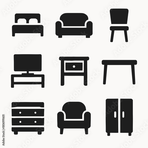 Black furniture icons: sofa, bed, wardrobe, tv stand, table, chair, nightstand