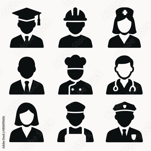Silhouette icons of various professions including graduate and healthcare roles