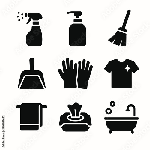 Cleaning and hygiene icons: spray bottle, soap dispenser, broom, dustpan, gloves, sparkling shirt, towel, wipes, bathtub