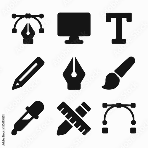 Set of graphic design icons: pen, computer, text, pencil, paintbrush, ruler, eyedropper