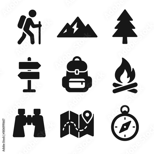 Outdoor adventure icons: hiking, camping, and navigation essentials