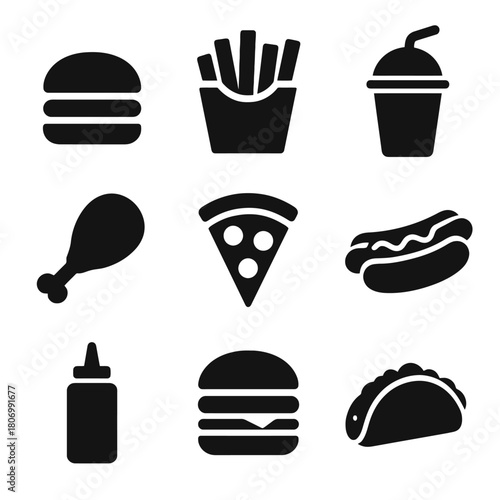 Fast food icons: burger, fries, soda, pizza, hotdog, chicken, taco