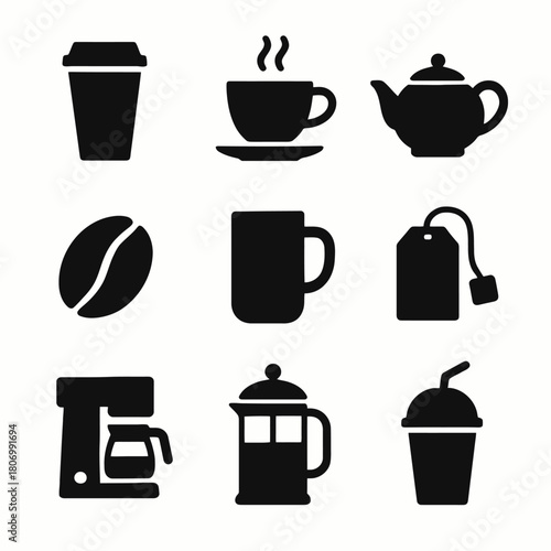Coffee and tea icons: cups, pots, beans, mugs, french press