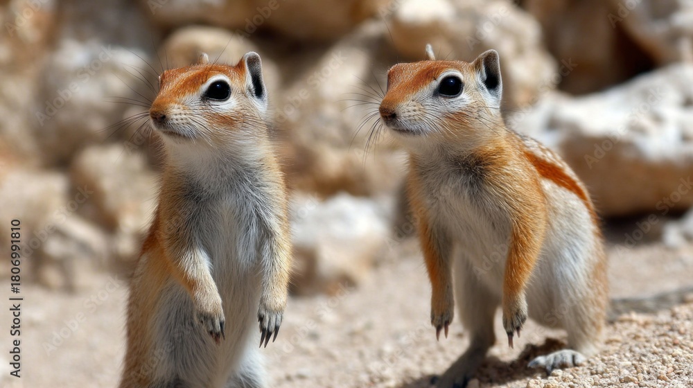 Fototapeta premium Two playful ground squirrels stand upright on soft sand, curiously observing their environment