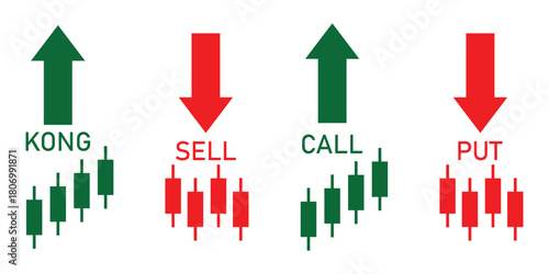 Finance & Trading Icons Set – Call, Put, Buy, Sell, Long & Short Arrows with Candlestick Charts for Stock, Forex & Crypto