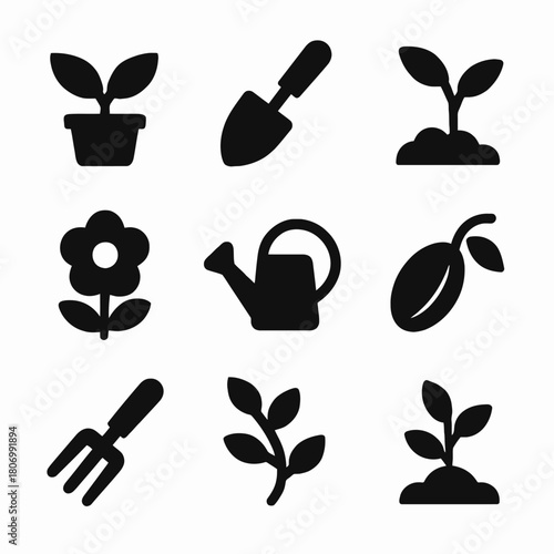 Gardening icons set: tools, plants, and flower silhouettes for horticulture design