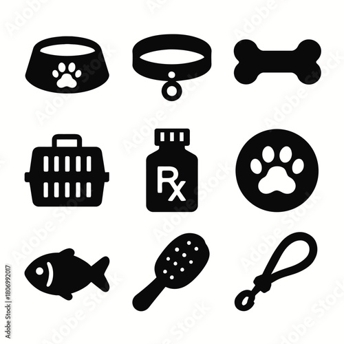 Pet care essentials: bowl, collar, bone, carrier, medicine, paw print, fish, brush, leash icons