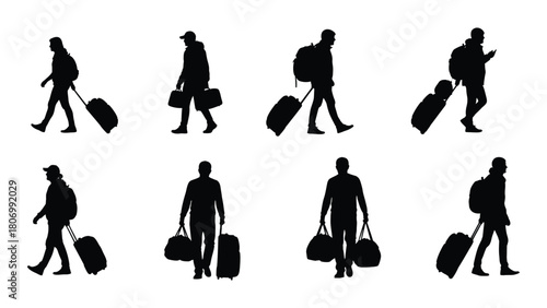 Traveler silhouettes with luggage isolated on white background, Vector