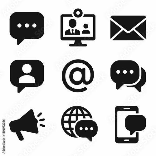 Communication icons set: chat bubbles, video call, email, megaphone, global chat, mobile message
