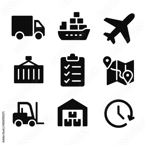 Logistics and transportation icons: truck ship plane container warehouse map clock