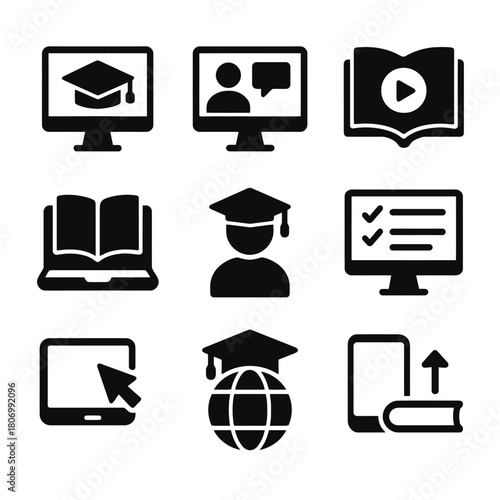 Online education icons: computer, book, graduation cap, checklists, communication