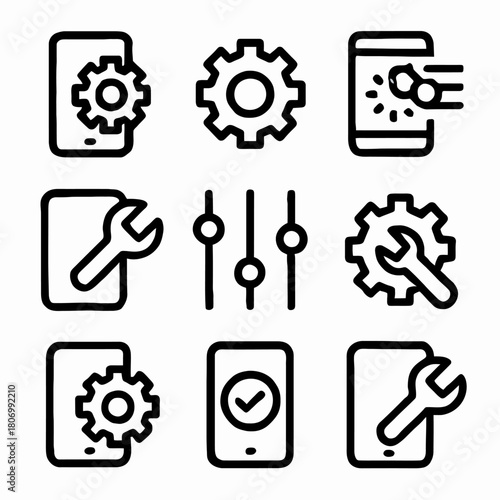 Mobile settings and tool icons with gear and wrench symbols