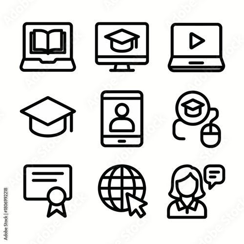 Online education icons set: laptop, graduation cap, certificate, global learning, female tutor