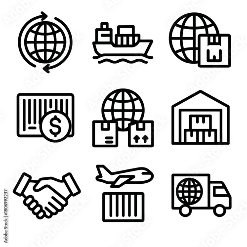 Global shipping and logistics icons set representing import, export, and supply chain