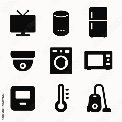 Smart home device icons: tv, speaker, fridge, camera, washer, microwave, thermostat, vacuum
