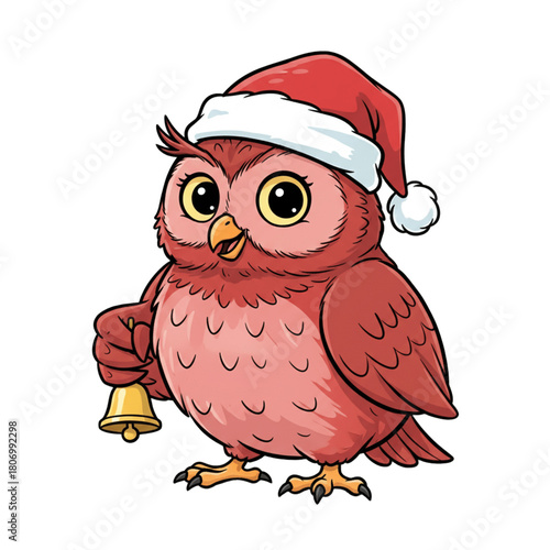 Festive cartoon owl holds bell, wearing Santa hat