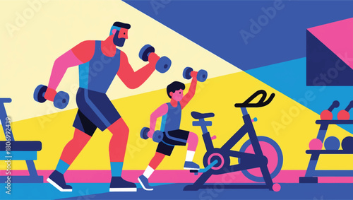 Illustration Of A Father Exercising Accompanied By A Son Vector Design Template