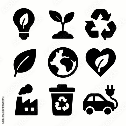 Eco icons collection: sustainability, recycling, renewable energy, and electric transportation