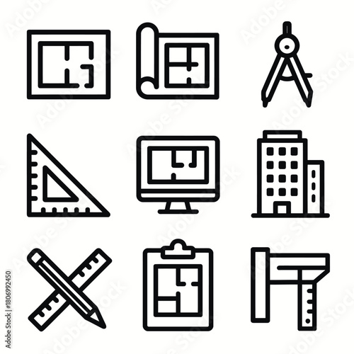 Architectural design icons: blueprints, compasses, and buildings