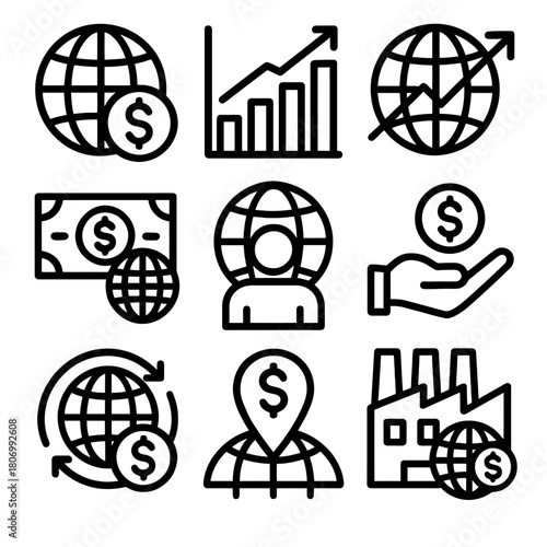 Global business and finance icons: trade, investment, growth, economy