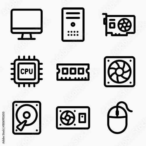 Computer hardware icons: monitor, tower, gpu, cpu, ram, fan, hard drive, mouse