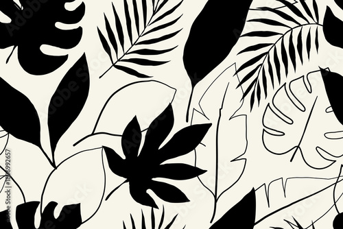 Modern black and white leaf pattern featuring bold tropical foliage silhouettes and elegant botanical line art design, seamless decorative nature background ideal for fabric, wallpaper and prints.