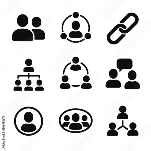 Set of black communication and networking icons on white background