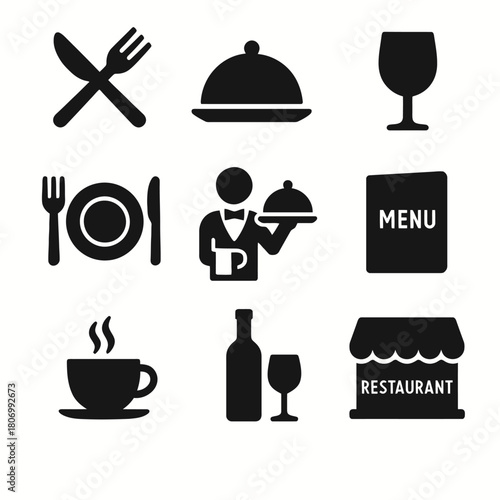 Icon set: dining utensils, plates, wine glasses, menu, coffee, and restaurant symbols